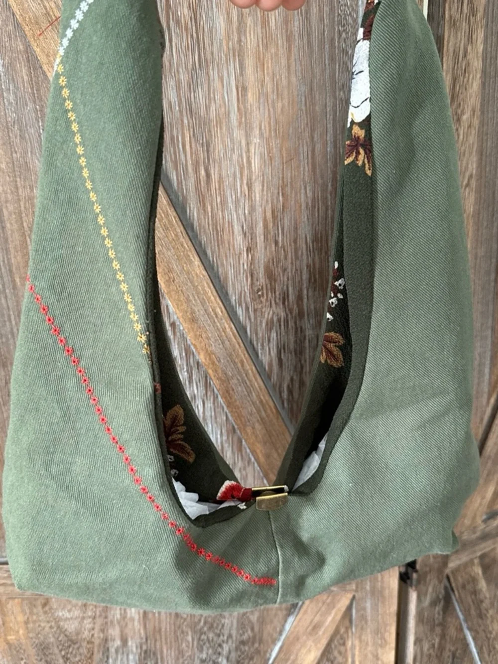 Olive Green Embroidered Shoulder Hobo Bag with Tan Leather Handle
